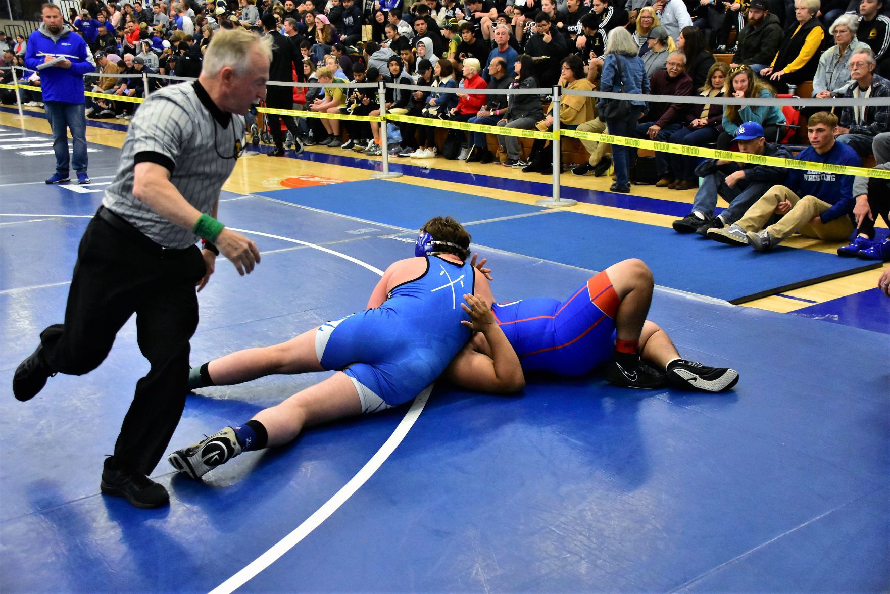 Lompoc's Corben Hayes (Top) tries to pin San Marcos' Emmanuel Munoz